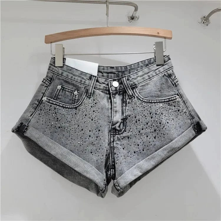 M / Gray Fashion Retro Rhinestone Denim Shorts Women 2024 Summer New A- Line Wide Leg Short Pants Ultra Short Booty Shorts for Hot Girls