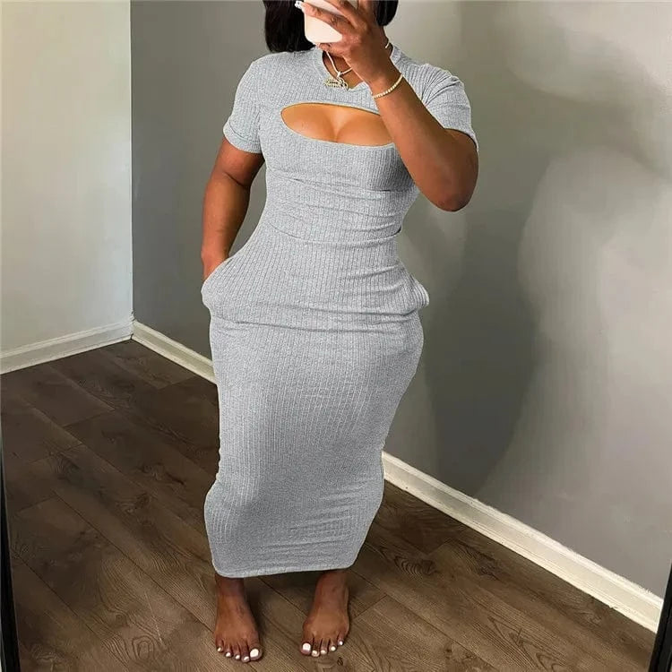 M / Gray Ribbed Solid O Neck Short Sleeve Hollow Out Sexy Slim Elegant Maxi Dress Women Party Birthday Club Outfits