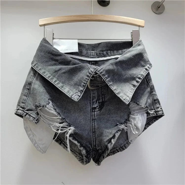M / Gray Vintage Holes Patchwork Denim Shorts Women Trend Lapel High Waist Irregular Jeans Pants