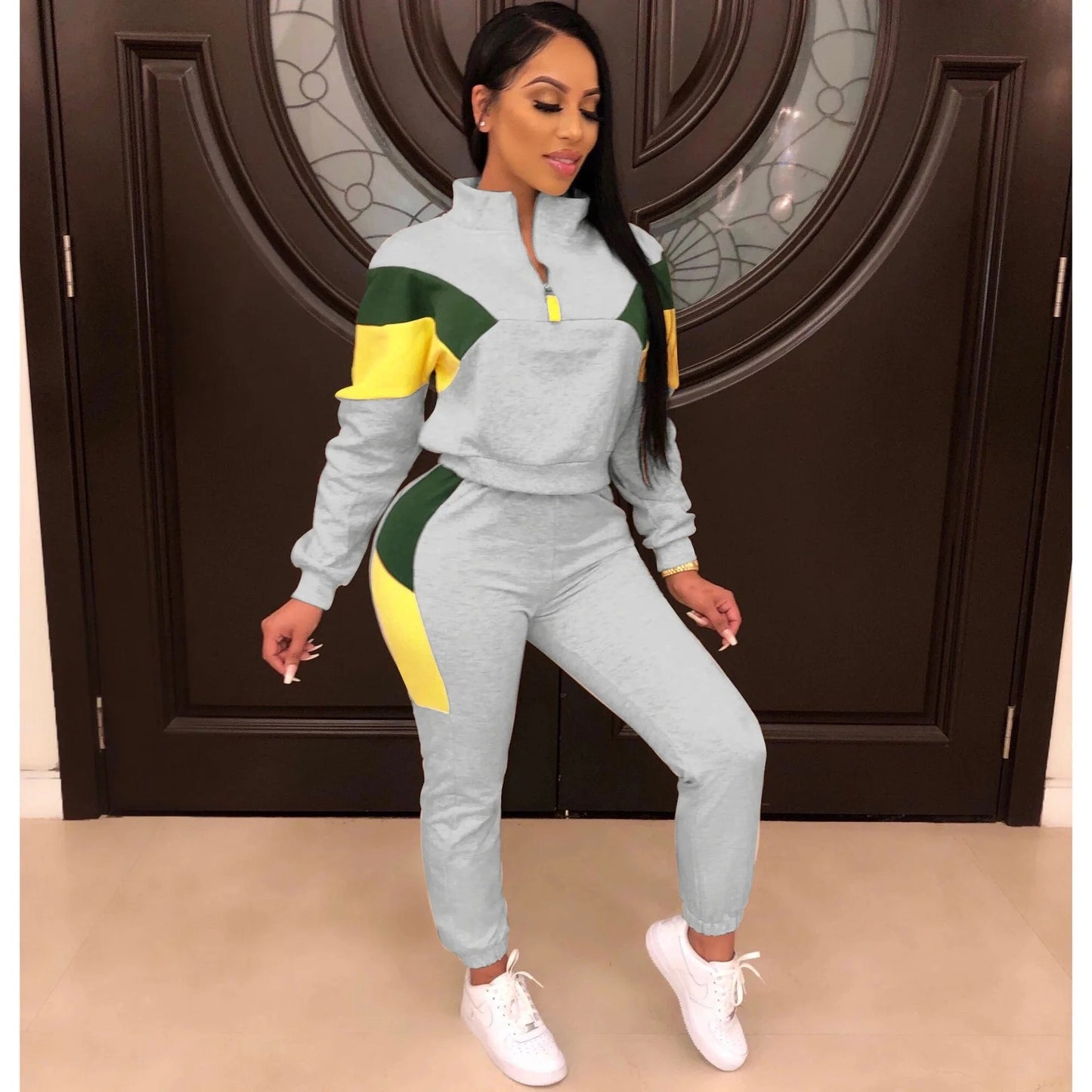 M / Gray Women Clothing Training Wear Jogging Track Suit Wholesale Sweatsuit Patchwork Tracksuit Private Label Jogger Sweat Suits Women