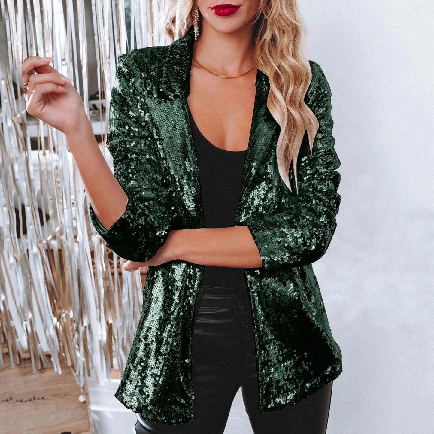 M / Green 2024 Best-Selling Women Autumn and Spring Commuter Style Cardigan Collar Long Sleeved Sequined Casual Suit Jacket