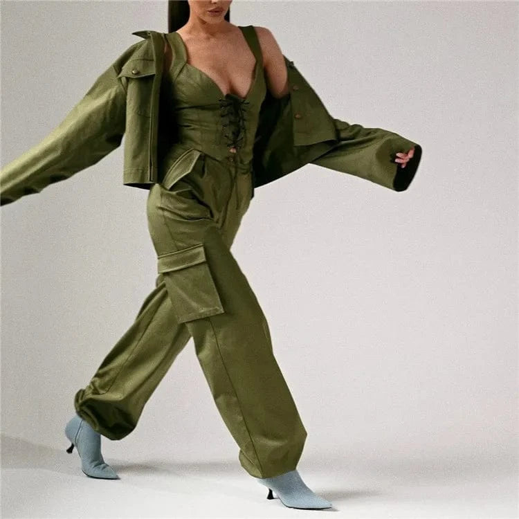 M / Green 2024 Casual Jacket&Lace UpTank Tops& Binding Pants Set High Street Women Three Piece Outfits