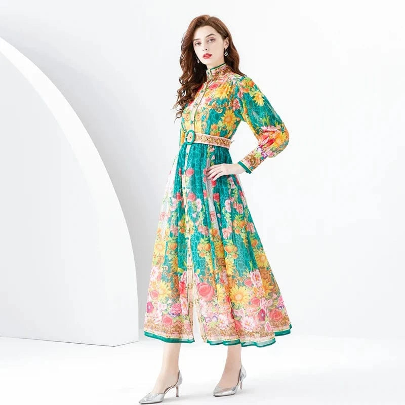 M / Green 2024 Early Spring Standing Neck Lantern Sleeves Wave Edge Long Retro Print Dress KL6342078
