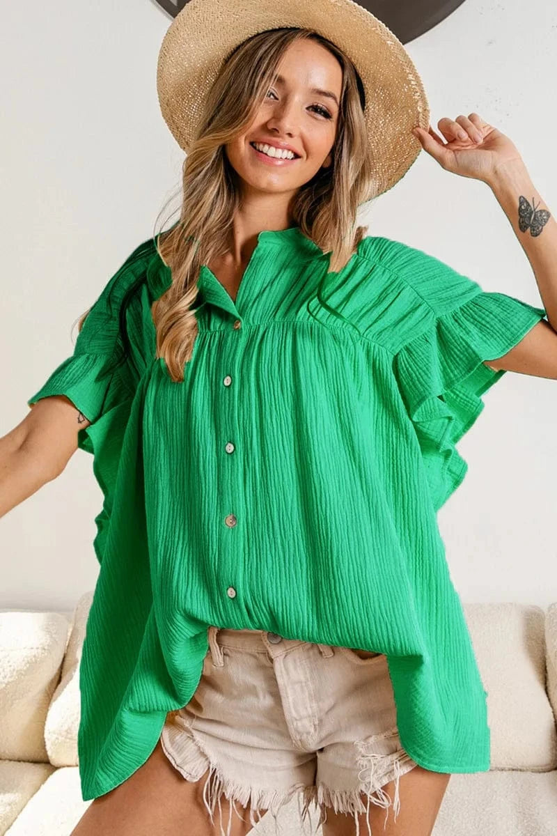 M / Green 2024 Fashion Trendy Polo Collar Single Breasted Short Sleeve Shirt Tops Solid Color Petal Sleeve Loose Versatile pleated Blouse