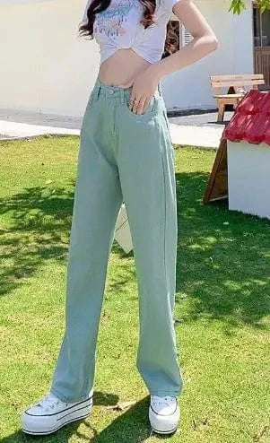 M / Green 2024  Spring Women's New Fashion Sexy High Waist Solid Color Long  Pants Loose Fitting Straight Wide Leg Ladies Casual Jeans