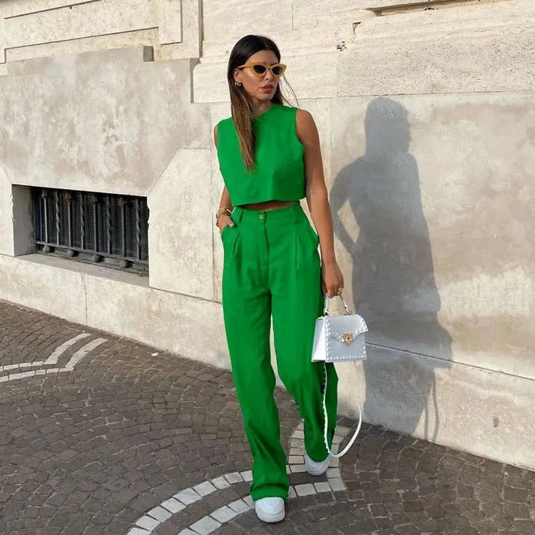 M / Green 2024 Summer Women Solid Color Sleeveless Vest Top Wide Leg Pants 2 Piece Set Women Two Piece Outfits Suits