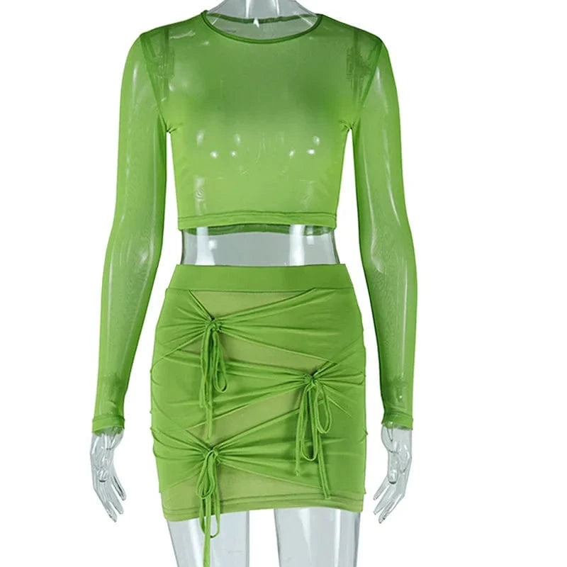 M / Green Bomblook ASST149 Mesh Knot Two Piece Set Skirt And Top 2 Piece Set Fall 2023 Women Clothes