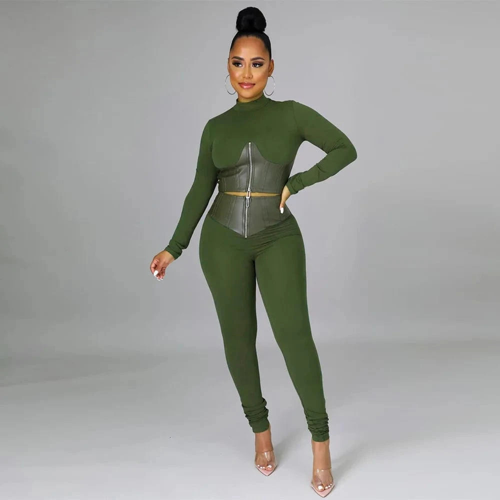 M / Green Bomblook C105ST 2024 Clothes For Women Solid Patchwork Shirt With High Waist Pants Casual Zip Outfits Women Two Piece Sets