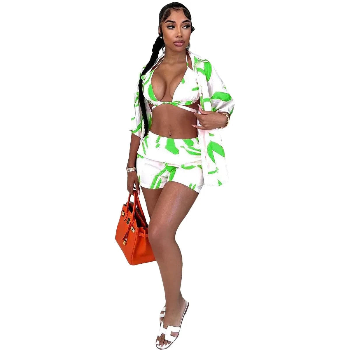 M / Green Bomblook C1115ST Hawaii 2024 Spring 3 Pieces Set Shirt Top With Shorts Women Three Piece Shorts Holiday Beach Set