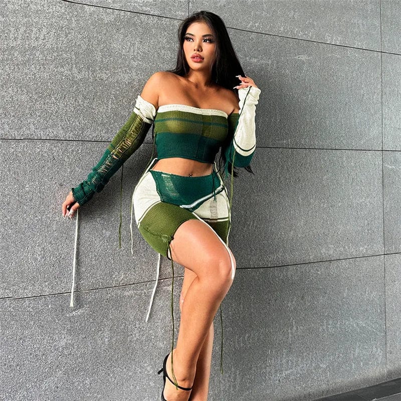 M / green Fall 2023 Women Clothes Shorts Knit Sexy Women Corp Sweater 2 Piece Cozy Knit Sweater Set Knitting Needles Short Set