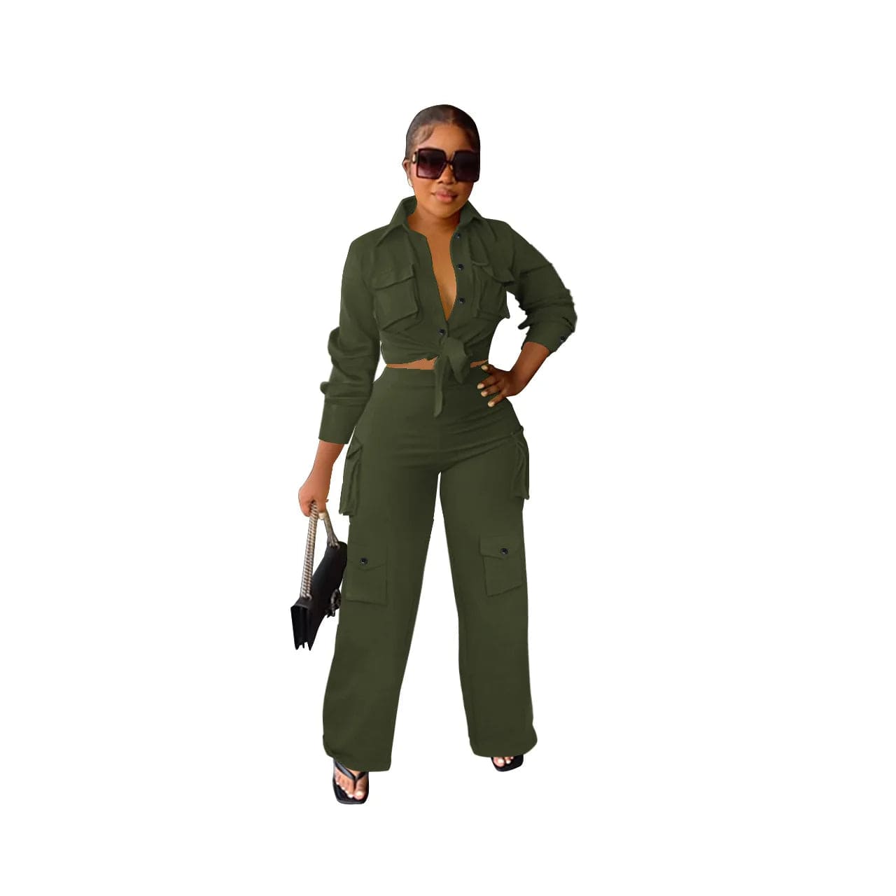 M / green Fall Cargos Two Piece Set With Wide Legs Pants  Women Clothing Solid 2 Piece Pants Set Women 2023