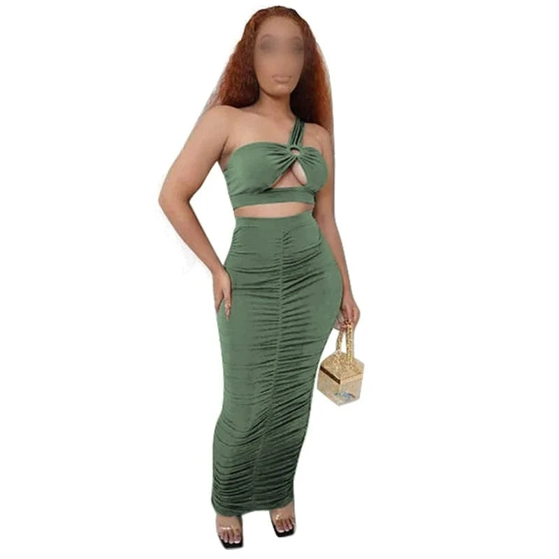 M / Green K9880 New Arrival 2024 Summer Sleeveless One Shoulder Hollow Out Slim Bodycon Sexy Dresses Women Maxi Skirt 2 Piece Set