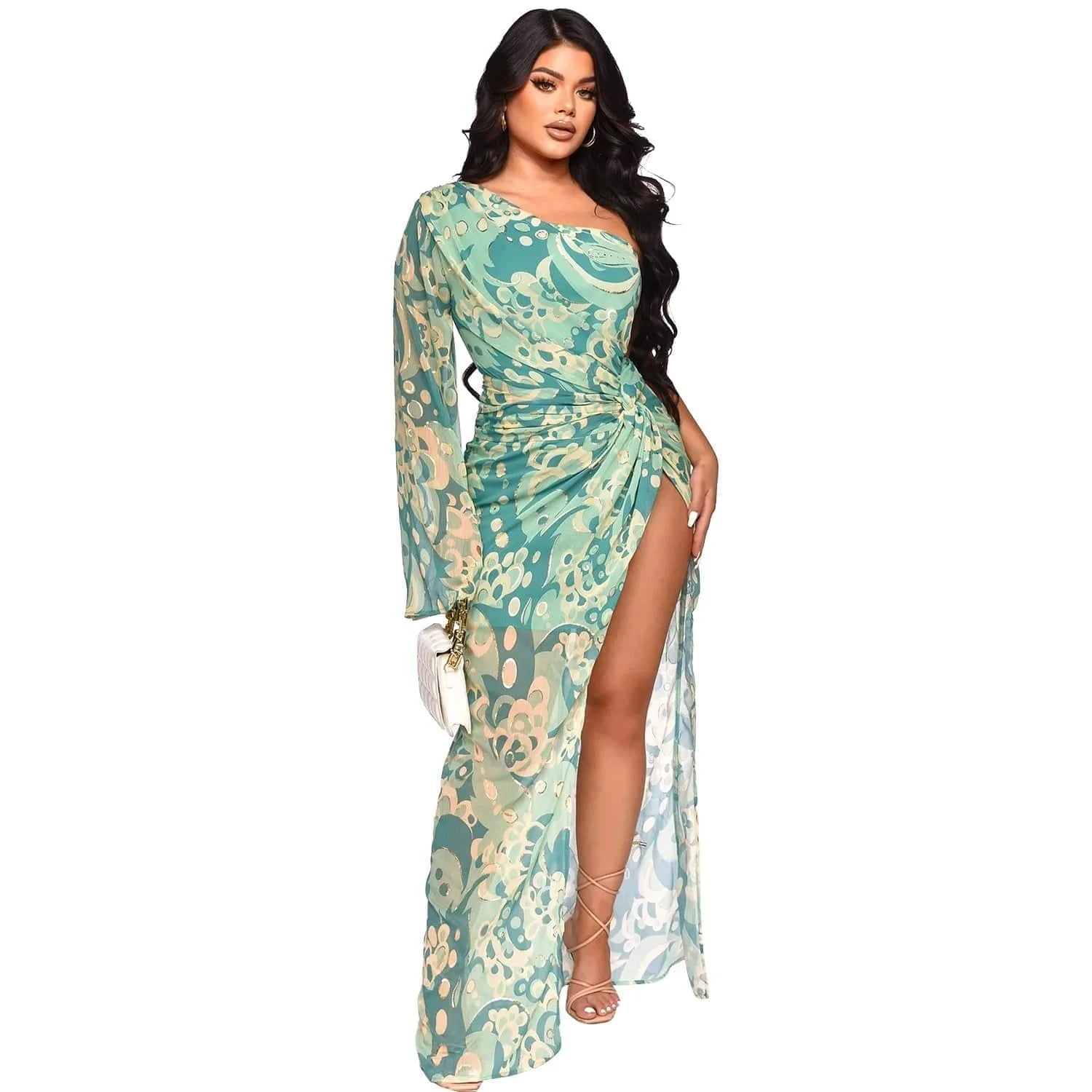 M / green Liu Ming Autumn 2024 New Fashion Women Elegant Print Boho Casual Chiffon One Shoulder Irregular Slit Maxi Dress