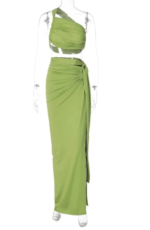 M / Green Liu Ming Autumn Fashion 2024 Trending Women Sexy Sleeveless Backless One Shoulder Hollow Out Side Slit Y2K Maxi Skirt Set
