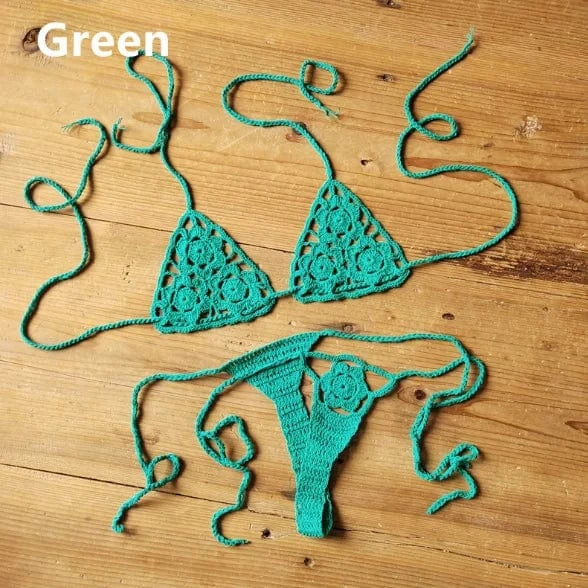 M / Green Liu Ming High Quality 2024 New Fashion Women Sexy Handmade Crochet Bikini G Thong String Beach Micro Swimwear Sets