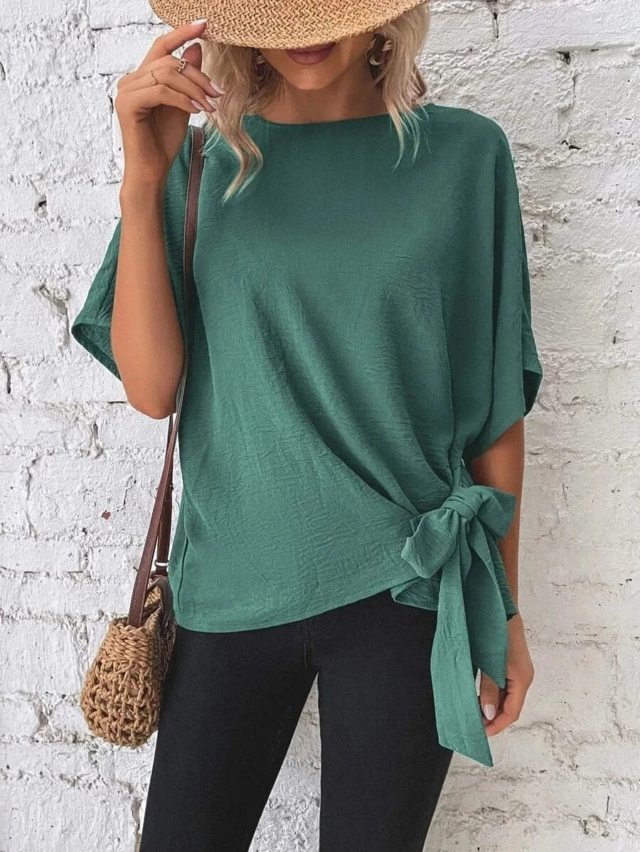 M / Green / Polyester / Cotton 2024  Lady European  Women's Summer New Solid Color Bat Wing Sleeves Knotted Hem Loose T-shirt