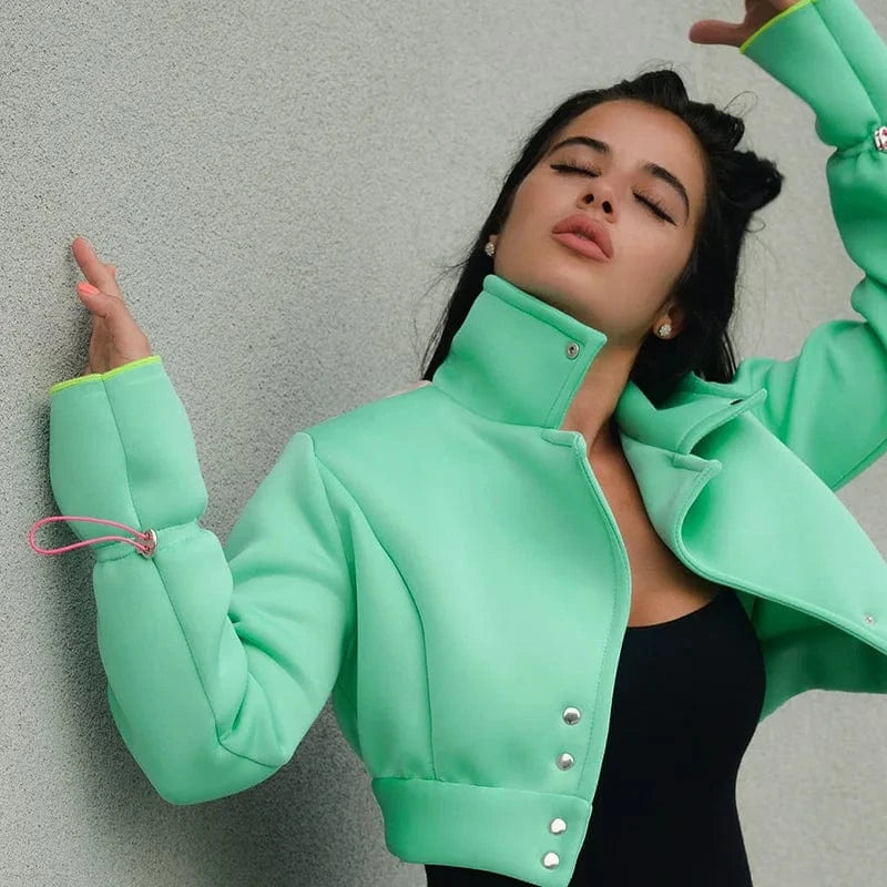 M / Green Winter Solid Color ladies Coats Button Long Sleeve Drawstring Casual crop jacket for Women Fashion short style fall cropped