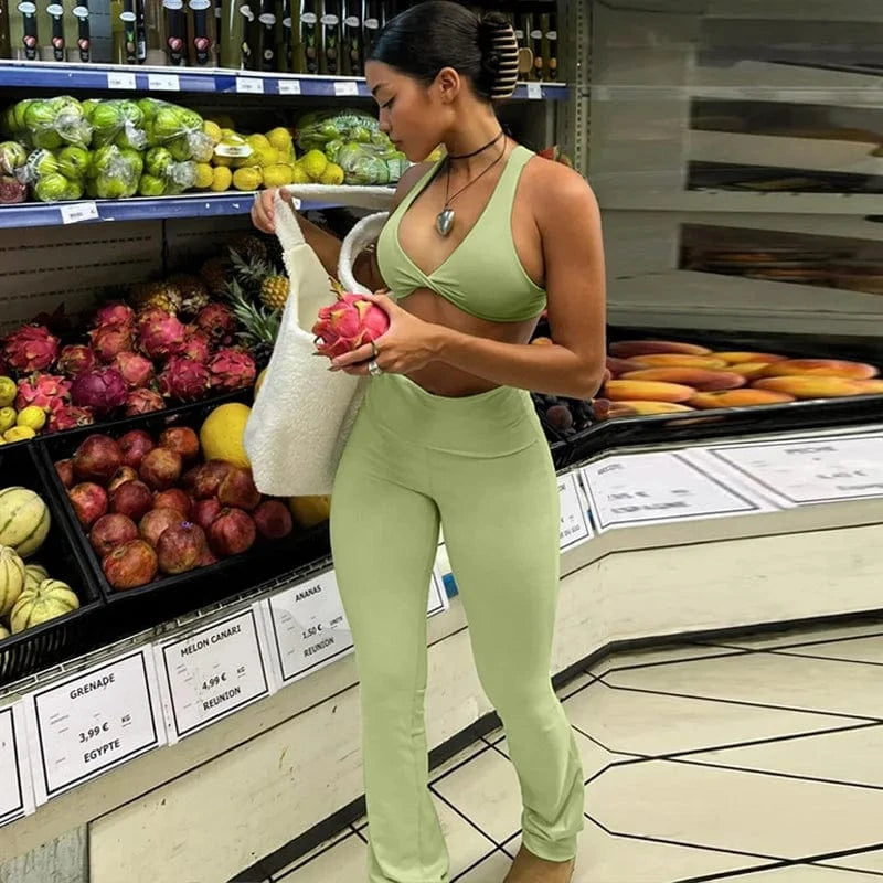 M / Green Womens Clothing 2 Two Piece Lounge Set Tracksuits Custom Crop Top and Flare Pants Set Spring Summer Casual Outfits For Ladies