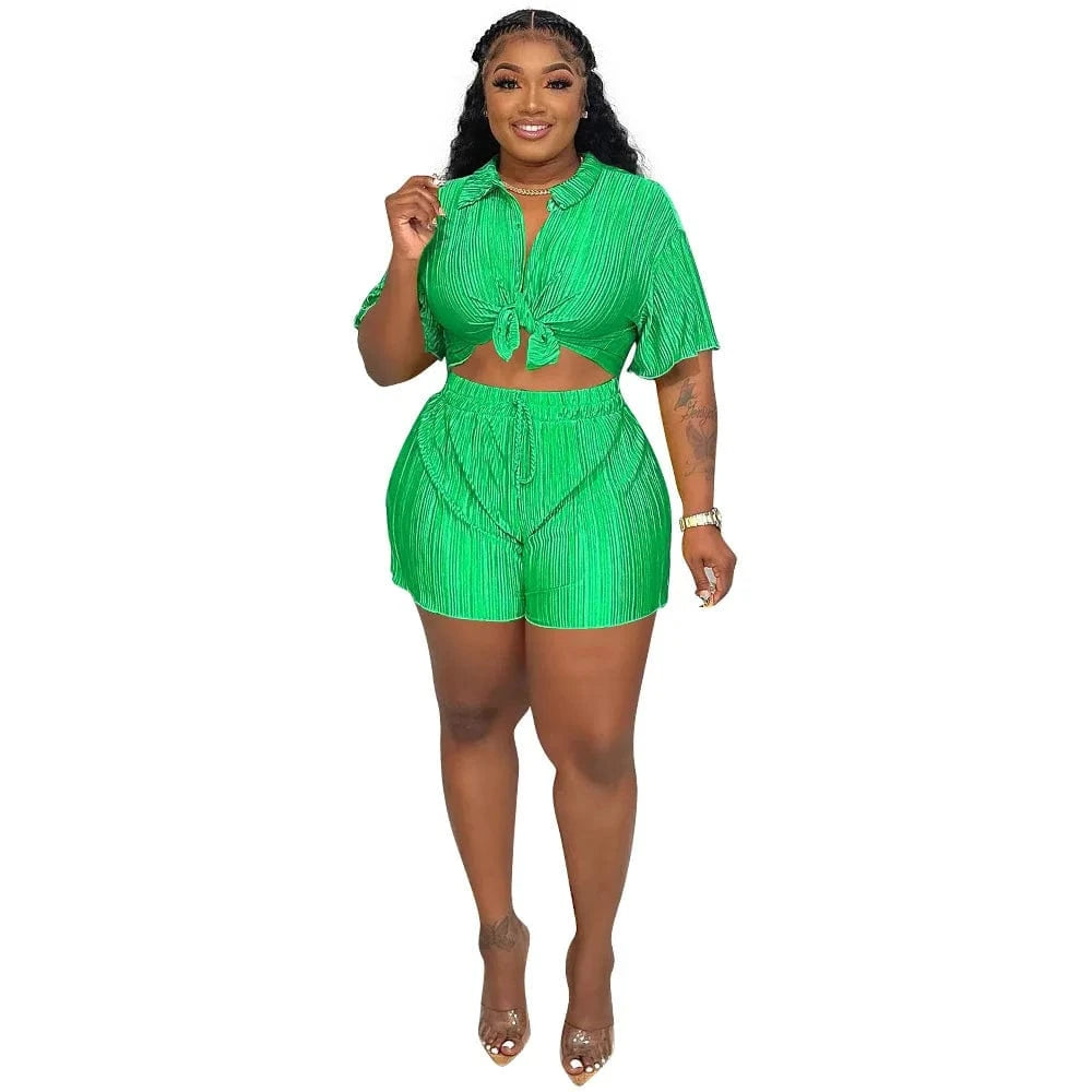 M / Green Z140353 2024 spring summer black womens t-shirt and shorts sets Casual Wrinkle 2 piece short shirt set with button