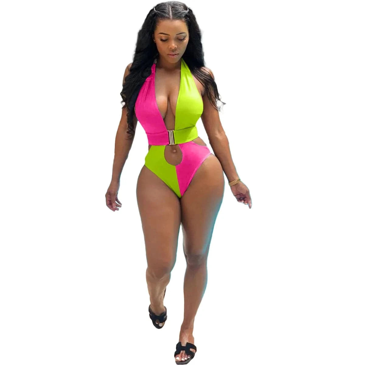 M / Hot Pink n Neon Green 2024 New Arrivals Pierced Halter Neck Colorblock Swimwear Bikini Women One Piece Hot Sexy Deep V-Neck Swimsuit