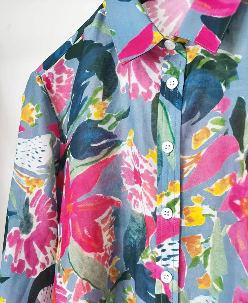 M / Ink and wash illustration Birdtree Woman Floral Shirts 30%Silk 70%Cotton Long Sleeves Tops French Style Printed Blouses 2024 Spring Autumn T36569QMY