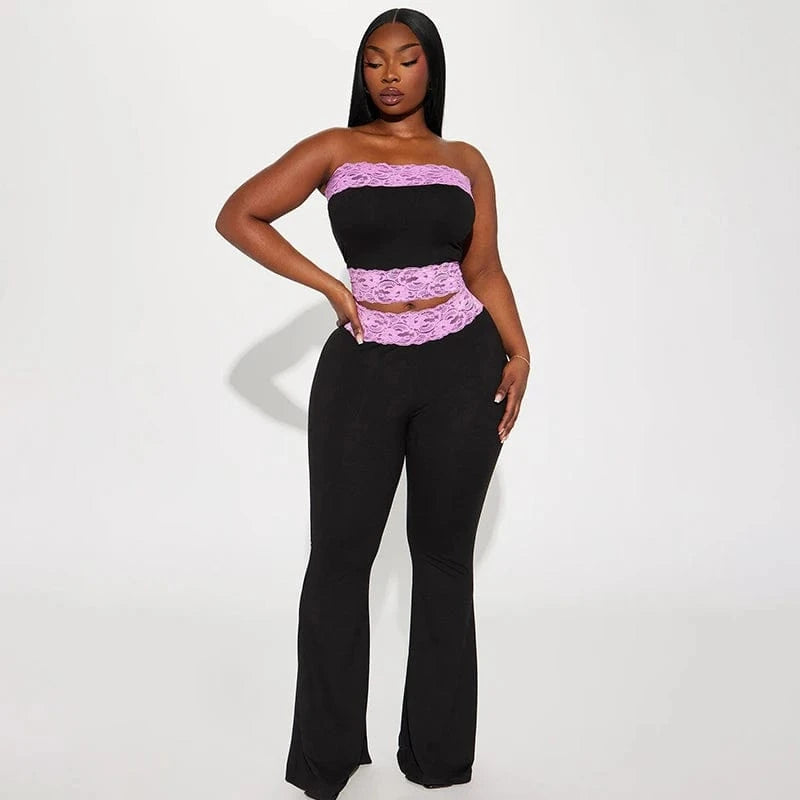 M / K24ST104 Purple Bomblook K24ST104 Summer Lounge wear Casual Strapless Lace Tube Top With Lace Pants Ladies Suit Women 2 Piece Set Women 2024