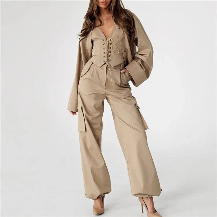 M / Khaki 2024 Casual Jacket&Lace UpTank Tops& Binding Pants Set High Street Women Three Piece Outfits