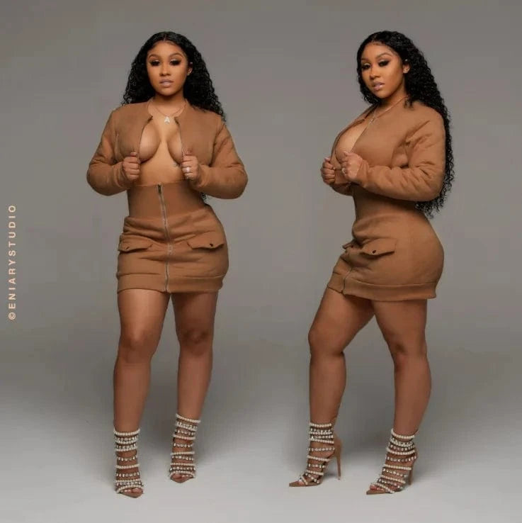 M / Khaki Knit 2-piece sexy zipper miniskirt suit jacket short skirt suit winter collocation tight waist short skirt suit women