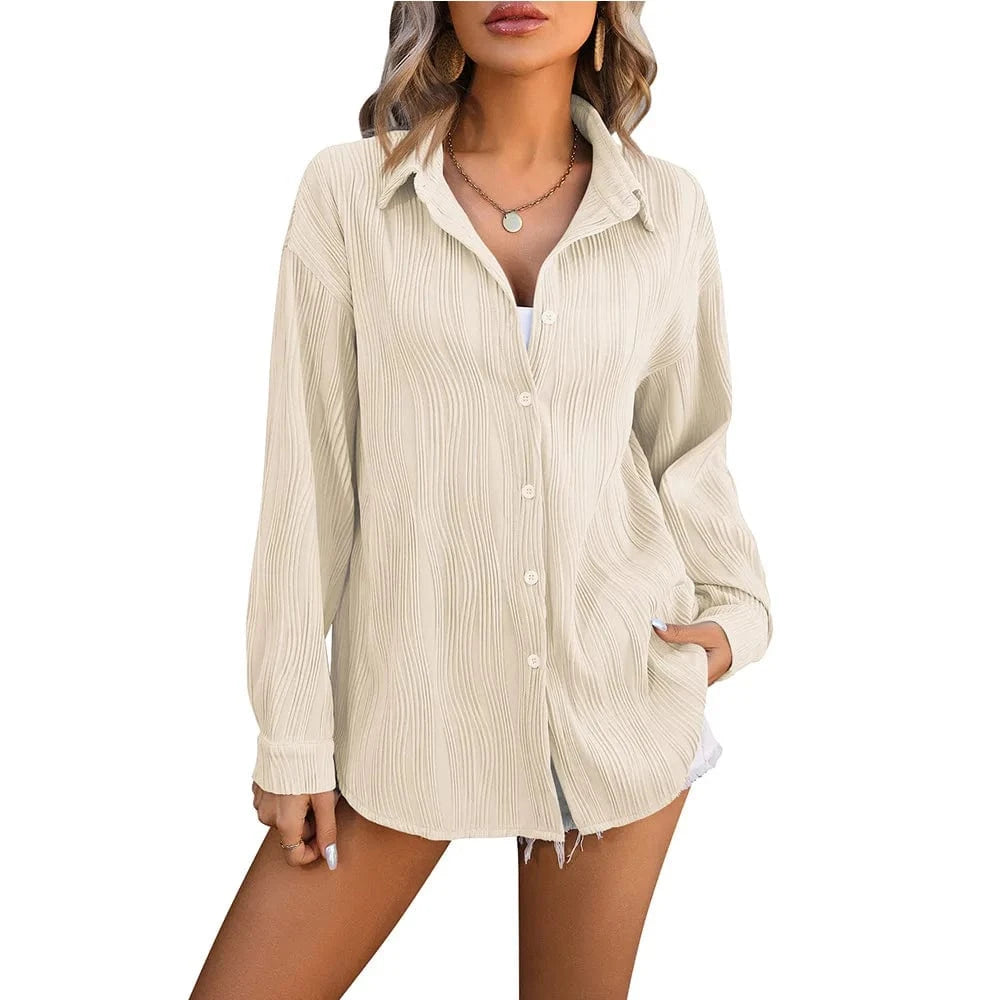 M / Khaki Spring Summer New Wavy Texture Loose Fashion Shirt Ladies Office Casual Lapel Long Sleeves Shirt