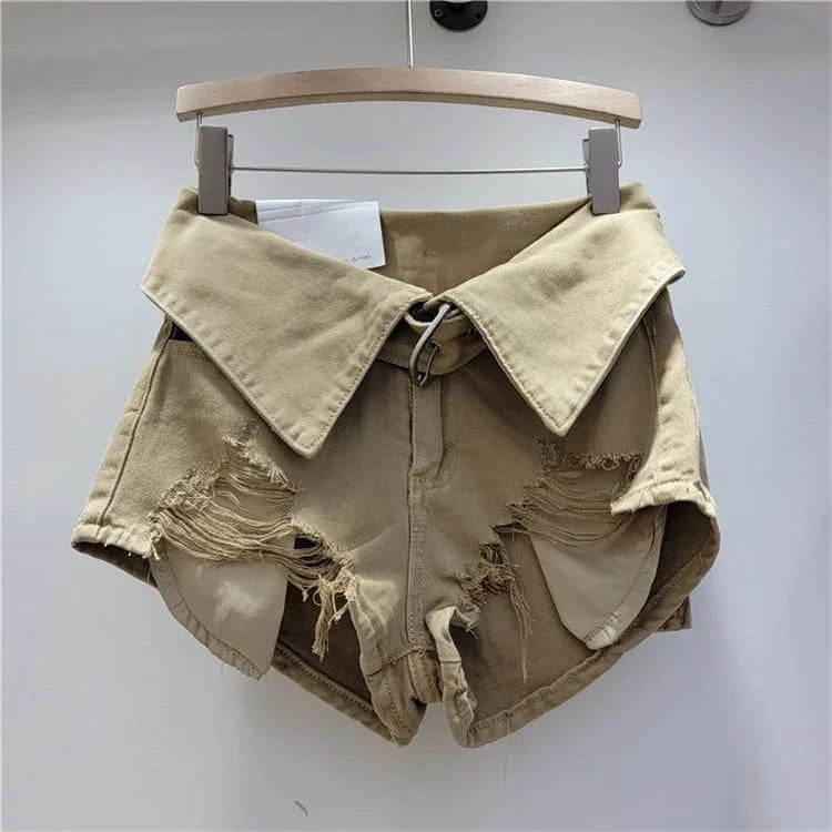 M / Khaki Vintage Holes Patchwork Denim Shorts Women Trend Lapel High Waist Irregular Jeans Pants