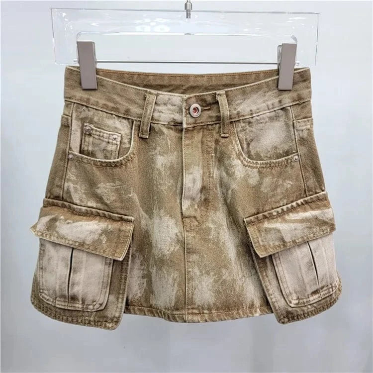 M / Khaki Women Fashion Pockets Washed Denim Slim A-line Mini Skirt 2024 Street Female Casual Jeans Cargo Skirts