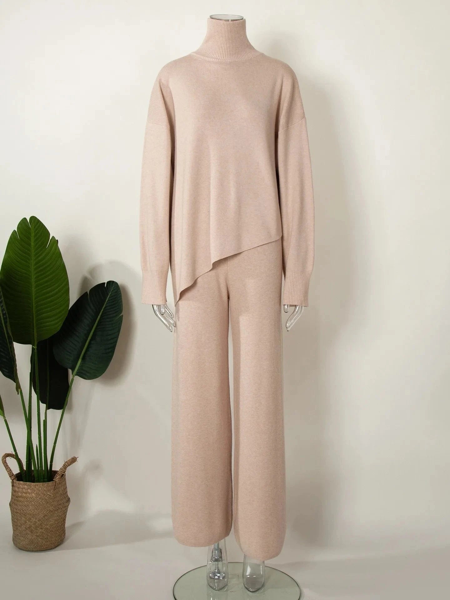 M / Khaki Women's Clothing New Women Half Turtleneck Sweater Set Womens Irregular Hypotenuse Sweater And Knit Wide Leg Pants Two Piece Set