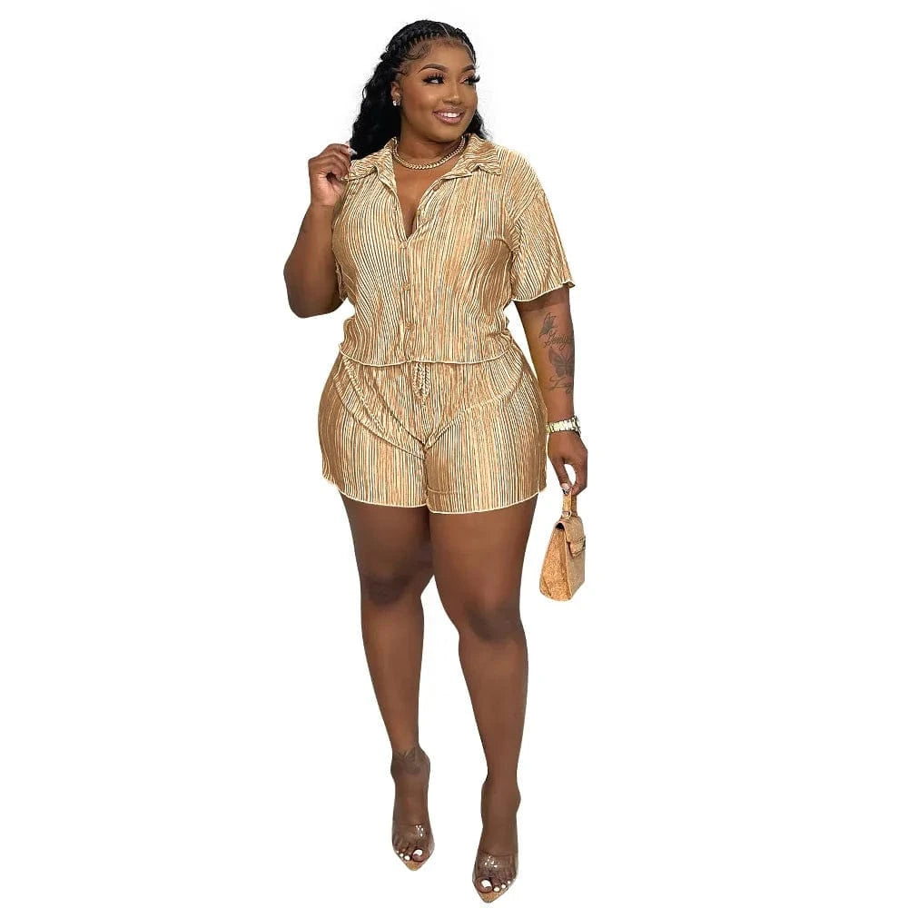 M / Khaki Z140353 2024 spring summer black womens t-shirt and shorts sets Casual Wrinkle 2 piece short shirt set with button