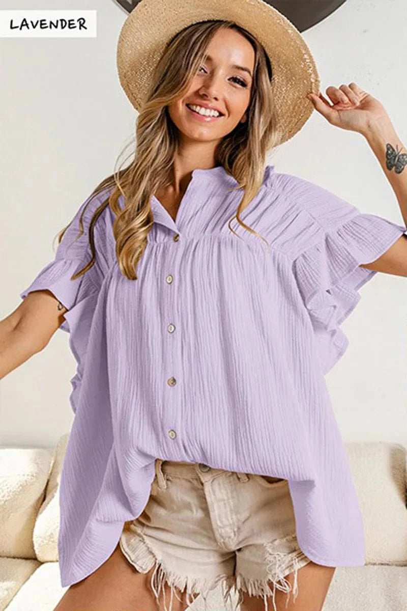 M / Lavender 2024 Fashion Trendy Polo Collar Single Breasted Short Sleeve Shirt Tops Solid Color Petal Sleeve Loose Versatile pleated Blouse