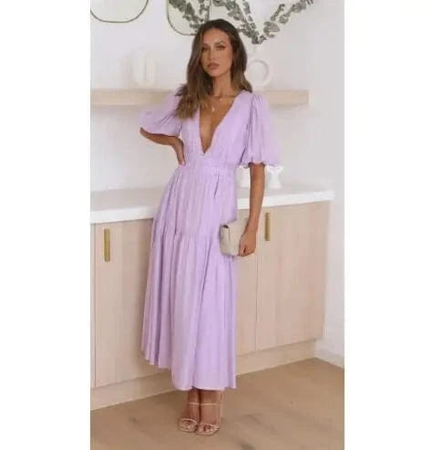 M / Lavender Women 2024 Puff Sleeve Deep V Neck Long Dresses Summer For Woman Sexy Green Women's Dress Summer Royal Blue