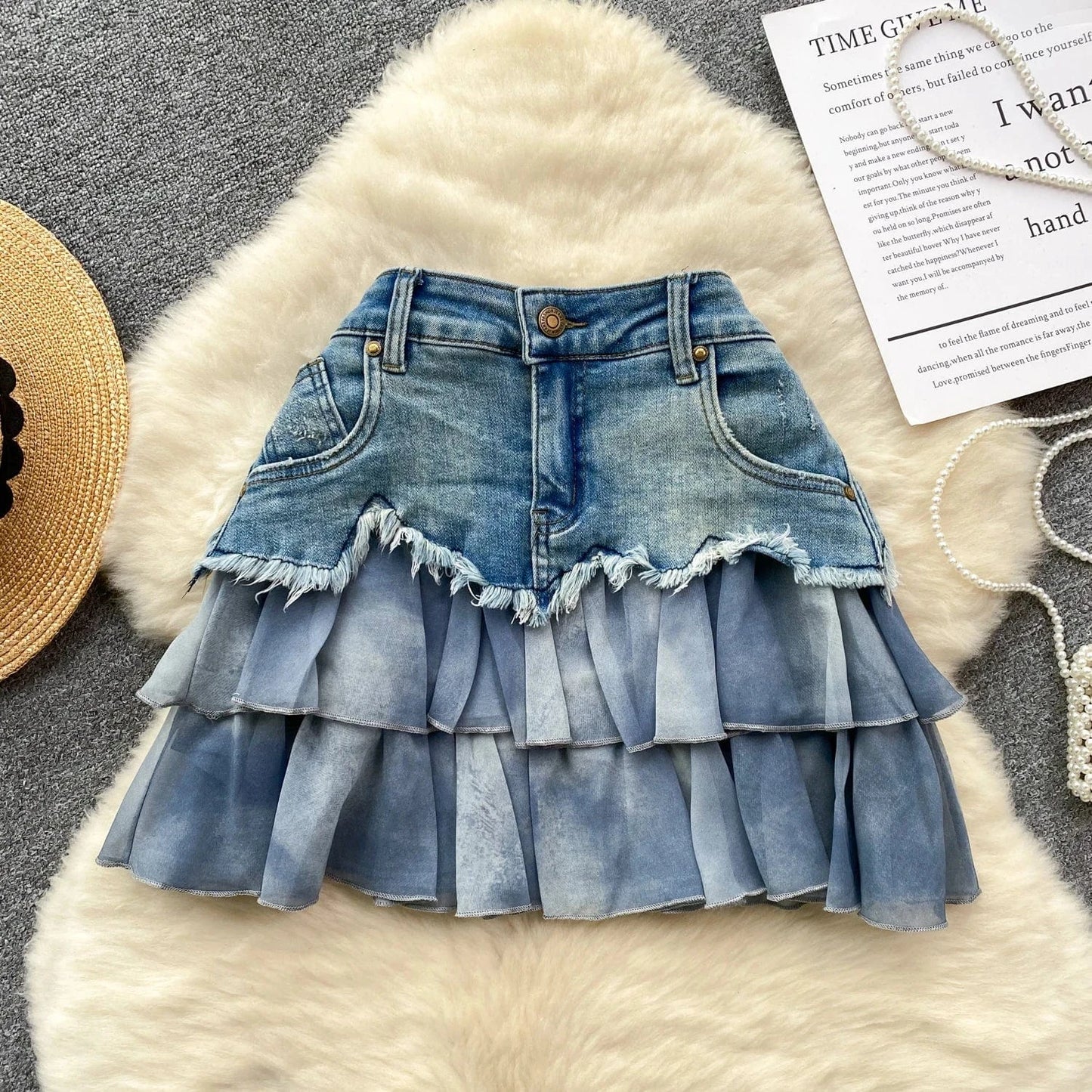 M / Light Blue 2024 European and American style design chiffon ruffle edge patchwork denim skirt, women mini skirt