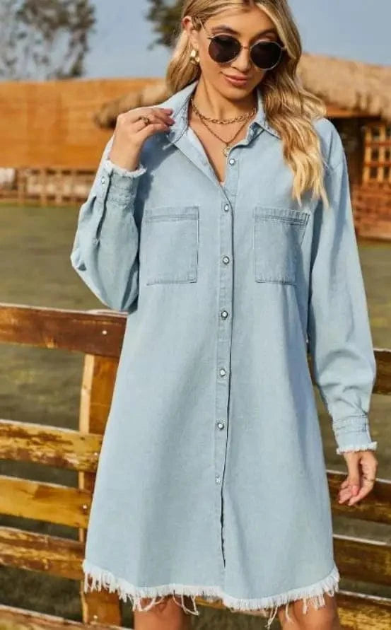 M / Light Blue 2024 New Fashion Spring Shirt Dress Best-Selling Women's Solid Color Washed Denim Loose Fitting Casual Long Sleeve Ruffled Dress