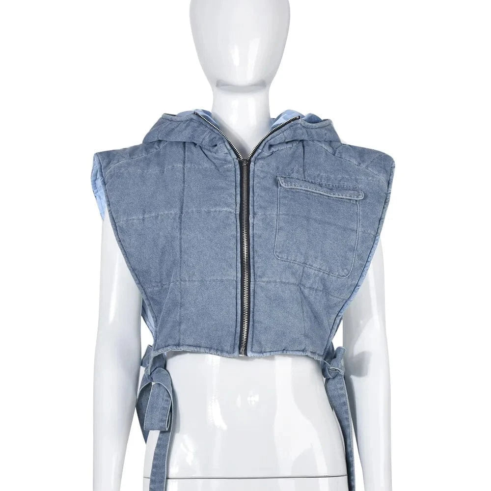 M / Light Blue 2024 New Winter Fashion Wash Denim Short Vest Cotton-Padded Waistcoat Womens Sleeveless Hooded Cargo Vest