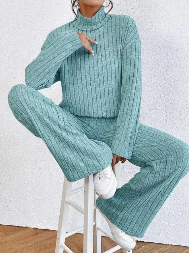 M / Light Blue Casual Warm Loose Floor-length Sweater Pants for Women Autumn Winter High Waist Wide Leg Knitted Trousers Femme 2024