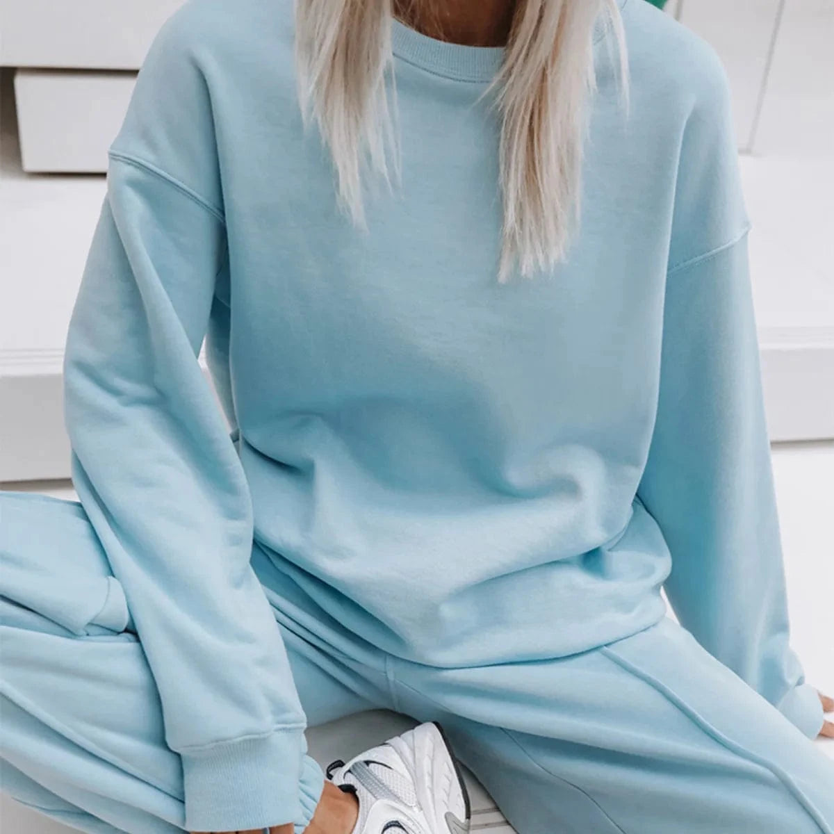 M / Light Blue Custom Logo Sweatsuit Workout Fitness Fleece Plus Size Hoodie sweatshirts And sweatpants Jogger Tracksuit For Women