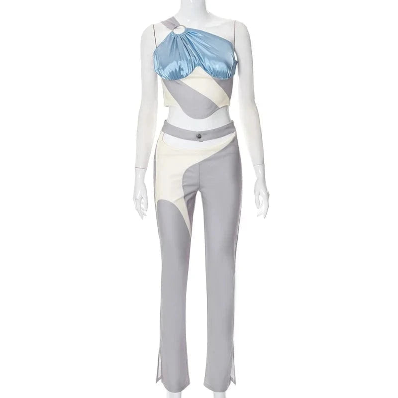 M / Light Blue Ladies Top and Pants Set Patchwork Mujer Top 2 Piece Women Set Hollow out Navel Two Piece Pants Fall 2022 Women Clothes