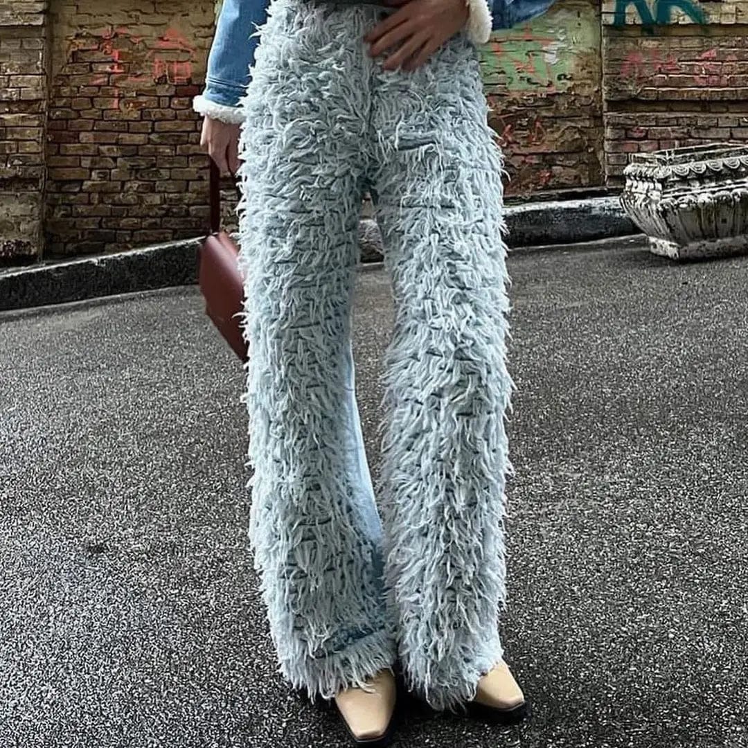 M / Light Blue New Winter Trendy Vintage Faux Fur Pants Fashion Casual Flare Pants High Street Button Woolen Pants