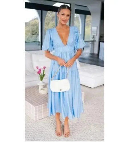 M / Light Blue Women 2024 Puff Sleeve Deep V Neck Long Dresses Summer For Woman Sexy Green Women's Dress Summer Royal Blue