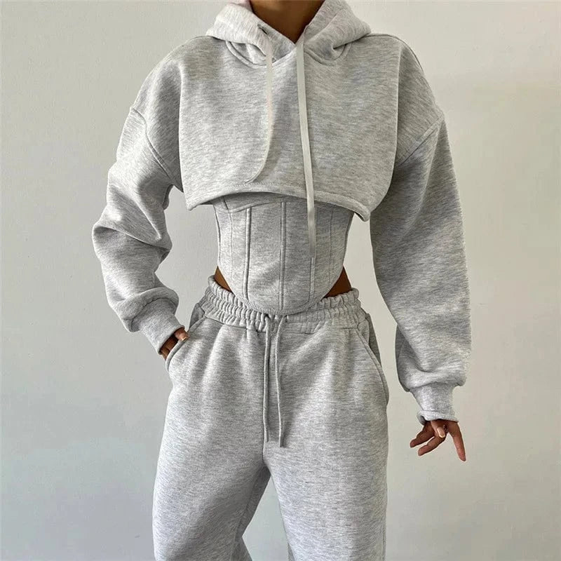 M / Light Gray 2024 Fall Winter Casual Women's Sets Long Sleeve Hoodie Jogger Wear Outfits 3 Piece Set Women