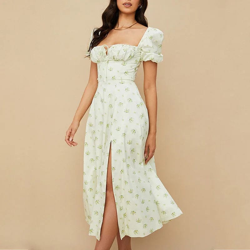 M / Light Green summer fashion elegant boho print Slit maxi dress women french romantic party vacation beach casual floral dress ladies