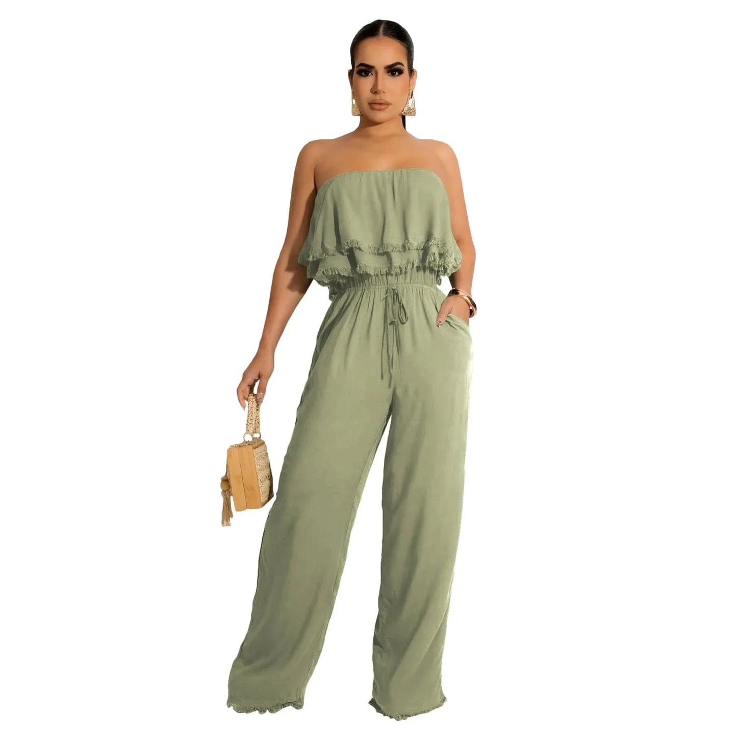 M / light green Summer jumpsuit women's casual wrap chest ruffle jumpsuit 2024 elegant office ladies work casual bodysuits