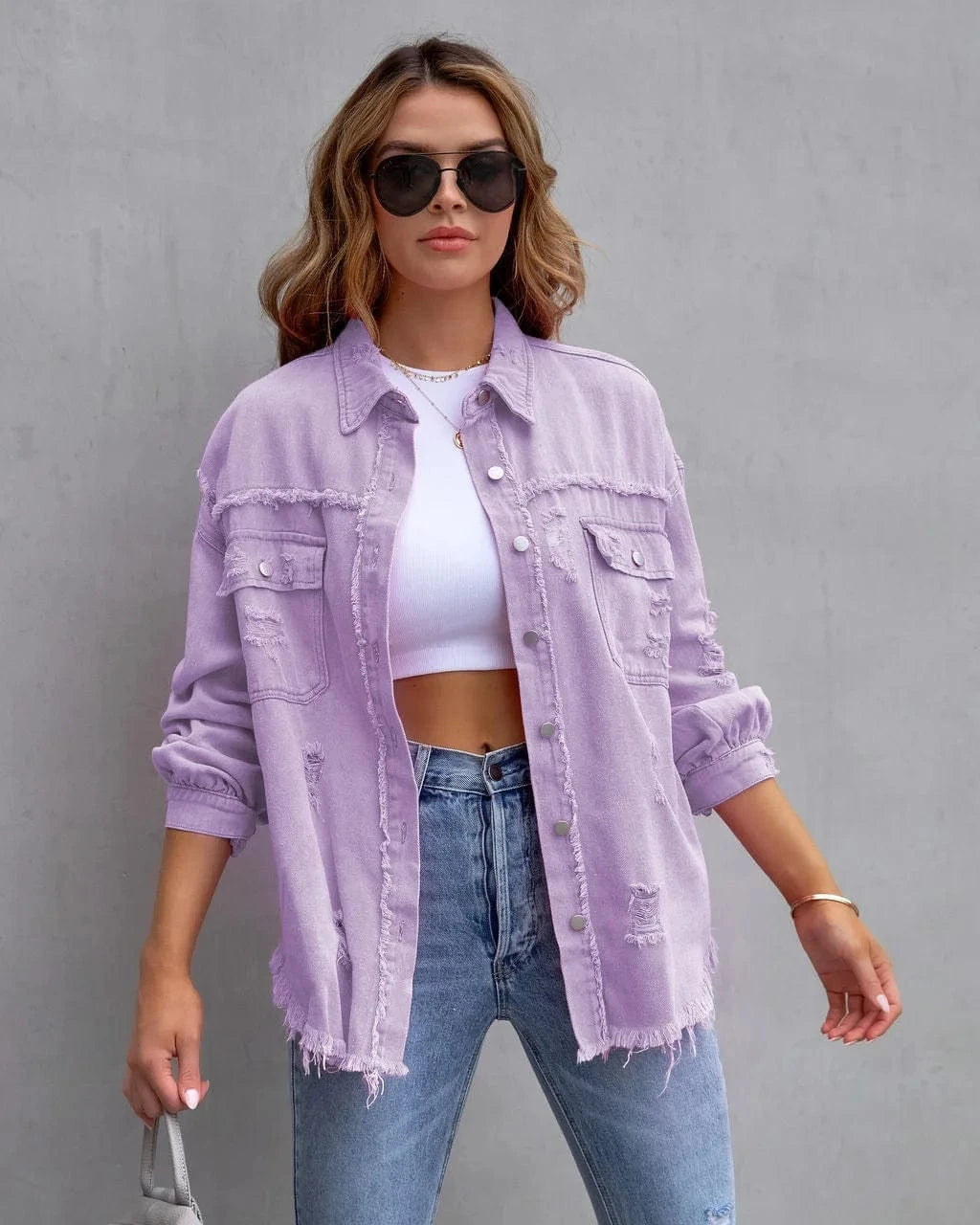 M / light purple DAMOCHIC New Denim Jackets and Coats for Women Winter Autumn Solid Long Sleeve Hole Destroyed Jeans Jacket Coat Trench Casual