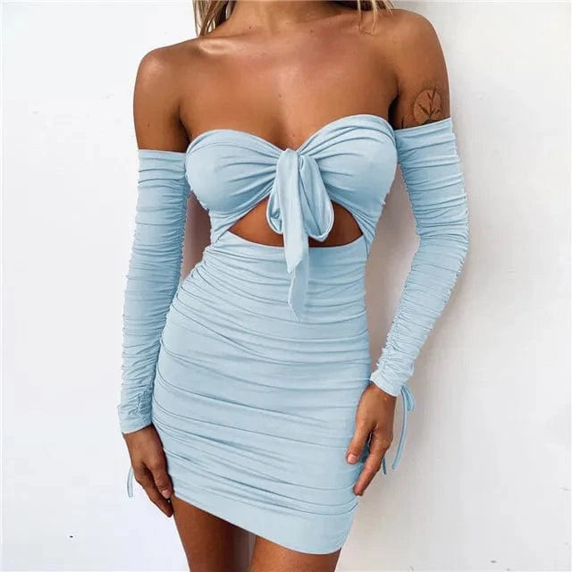 M / lightBlue TOB Women's Sexy Solid Color Hollow Out Party Mini Dress Summer Cut Out Casual Dress Strapless Bodycon Dress 9715