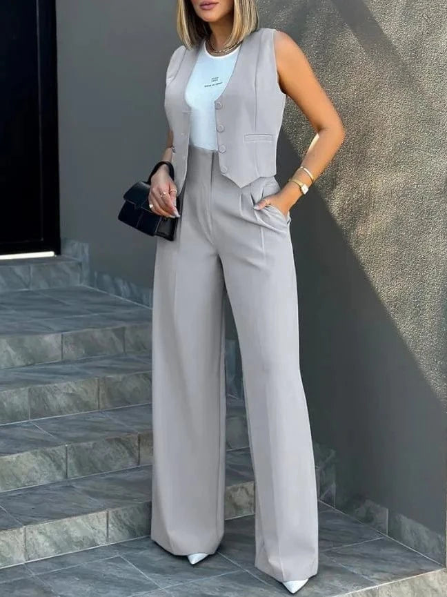 M / LightGray 2024 New Fashion Women Summer Sleeveless Long Pants Button Solid Color Top +Trousers 2 Pieces Set Casual Suits
