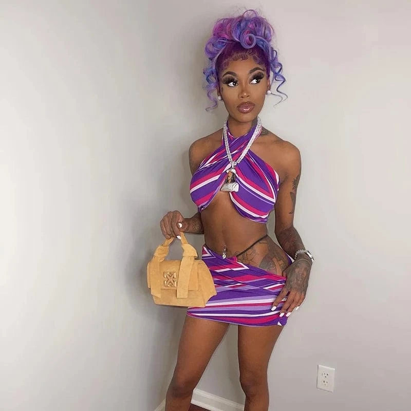 M / M21ST159 Multi-color Bomblook  M21ST159  Sexy Halter  Women  Two Piece  Set 2024 New  Arrival  Spring And Summer Printed Halter Halter Short Top